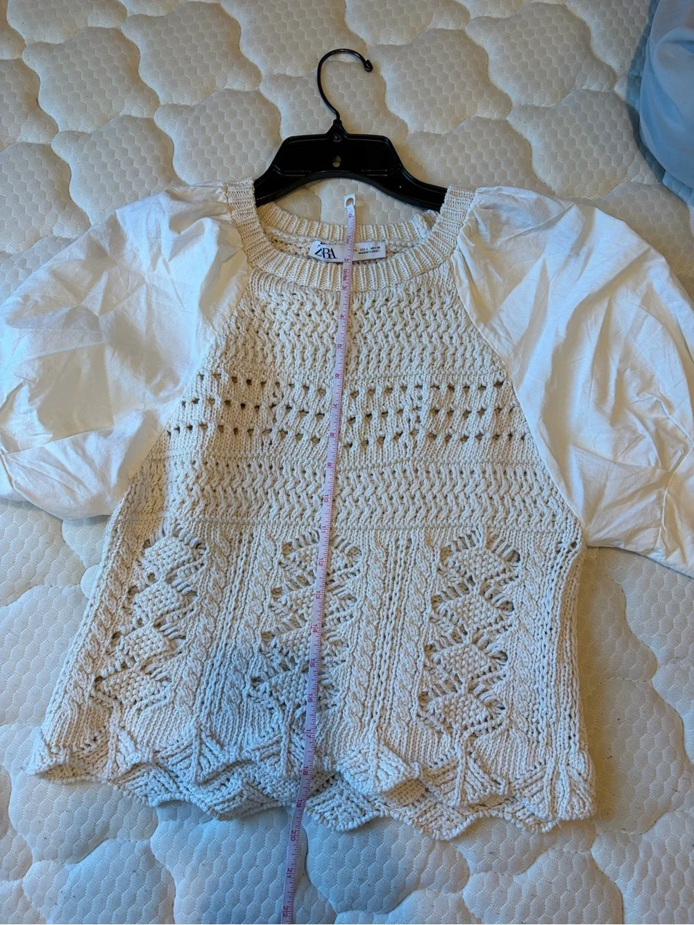 ZARA Cream Crochet Knit Bodice Puff-Sleeve Top